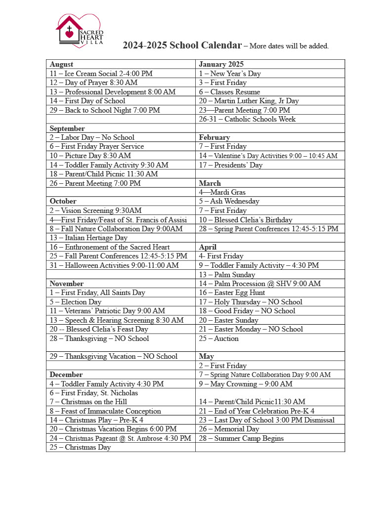 Sacred Heart Villa > Resources > Calendar > 20242025 School Calendar